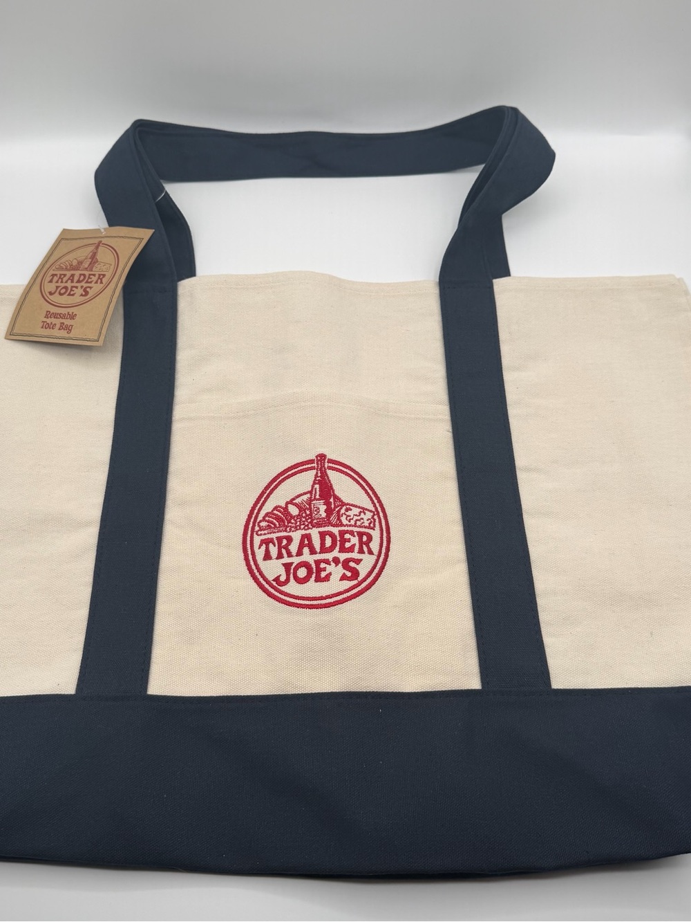 NEW Trader Joe's Reusable Canvas Tote Navy Blue Heavy Duty Viral Shopping Bag